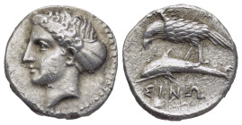 Paphlagonia, Sinope AR Drachm. (18mm, 6.0 g) Circa 330-300 BC. Aeginetic standard. Head of nymph to left, hair in sakkos / Sea-eagle on dolphin to lef...