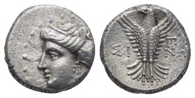 Paphlagonia. Sinope circa 330-250 BC. Hemidrachm AR (14mm, 2,9 g) Head of Nymph Sinope left / ΣΙΝ[Ω], sea eagle standing facing, wings spread, head tu...