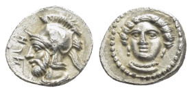 Cilicia, Satraps. Pharnabazos AR Obol. (10mm, 0.8 g) Tarsos, circa 380-379 BC. Bearded head left wearing crested helmet, Aramaic ‘HLK’ before / Head o...
