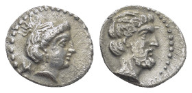 Cilicia, Nagidos AR Obol (Silver, 0.7g, 9mm) ca 400-380 BC. Obv: Head of Aphrodite right, N in left field. Rev: Head of Dionysos right