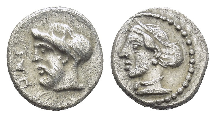 Cilicia, Nagidos. Ca. 420-280 B.C. AR obol (9mm, 0.78 g). ΝΑΓΙ. Head of bearded ...