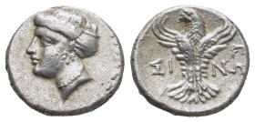 Paphlagonia. Sinope circa 330-250 BC. Hemidrachm AR (14mm, 3.0 g) Head of Nymph Sinope left / ΣΙΝΩ, sea eagle standing facing, wings spread, head turn...