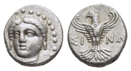Paphlagonia. Sinope circa 330-250 BC. Trihemiobol AR (10mm, 1,5 g) Head of Nymph Sinope facing slightly left / ΣΙΝΩ, sea eagle standing facing, wings ...