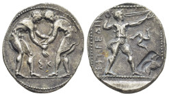 Pamphylia, Aspendos, Stater, c. 380-325 BC, Ag (23mm, 11.0 g), Two wrestlers grappling, Rv. EΣTFEΔIIY, Slinger with short chiton standing r. at r., tr...