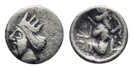 PERSIA, Achaemenid Empire. temp. Artaxerxes II to Darios III. 4th century BC. AR Hemiobol (7mm, 0.31 g). Uncertain mint in Cilicia. Crowned head (Pers...