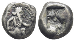 Achaemenid Empire. Time of Xerxes II to Artaxerxes II. Circa 455-420 BC. AR Siglos (13mm, 5.4 g). Persian king or hero in kneeling/running stance righ...