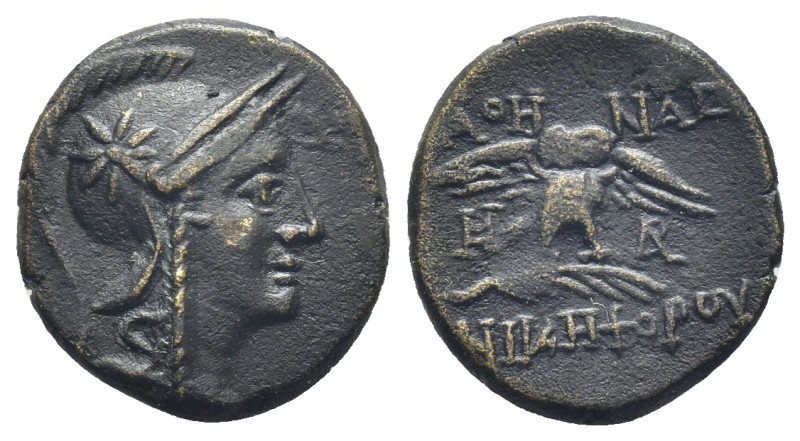 Mysia. Pergamon circa 200-133 BC. Bronze Æ (15mm., 2,4 g). Helmeted head of Athe...