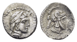CILICIA, Tarsos. Datames. Satrap of Cilicia and Cappadocia, 384-361/0 BC. AR Obol (10mm, 0.7 g). Draped female bust right / Helmeted male head right (...