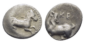 Cilicia, Kelenderis AR Obol. (10mm, 0.77 g) Circa 425-400 BC. Horse prancing right / Goat left, head right; KE above.