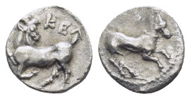Cilicia, Kelenderis. ca. 425-400 B.C. AR obol (10mm, 0.75 g). KEΛ, Goak kneeling left, head reverted. / Horse rearing right.