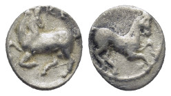 Cilicia, Kelenderis. ca. 425-400 B.C. AR obol (9mm, 0.7 g). KEΛ, Goak kneeling left, head reverted. / Horse rearing right.