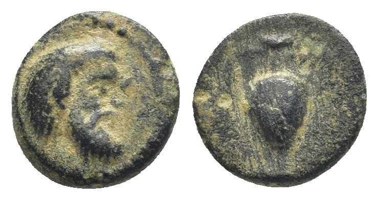 Cilicia, Nagidos,AE, (9mm, 0,9 g),Circa 360-333 BC. Obv:Head of Pan to right Rev...