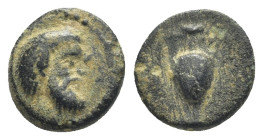 Cilicia, Nagidos,AE, (9mm, 0,9 g),Circa 360-333 BC. Obv:Head of Pan to right Rev: Amphora.