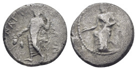 Cilicia, Nagidus, ca. 400-380 BC, AR drachm (15mm, 3.3 g) Dionysos standing left, holding thyrsos and a branch with grapes and leaves. In fields NAΓI-...