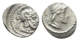 Cilicia, Satraps, Datames AR Obol. (10mm, 0.6 g) Tarsos, 378-372 BC. Helmeted head of male (Ares?) right. / Diademed head of female (Aphrodite?) right