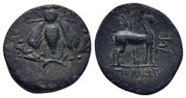 IONIA, Ephesos (Circa 202-133 BC). Ae. (20mm, 4.8 g) Obv: E - Φ. Bee within wreath. Rev: APKAΣ. Stag standing right before palm tree; monogram in fron...