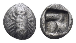 IONIA, Ephesos. Circa 550-500 BC. AR Myshemihekte – Twenty-fourth Stater (6mm, 0.43 g). Persic standard. Bee / Quadripartite incuse square.