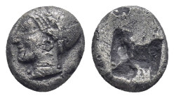 IONIA, Phokaia. Circa 521-478 BC. AR Hemihekte. (9mm, 1.3 g). Phokaic standard. Obv: Female head left, wearing helmet or close fitting cap. Rev: Quadr...