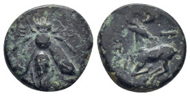 Ionia, Ephesos Æ (16mm, 3.2 g) Circa 200 BC. Euenos, magistrate. Bee / Stag kneeling to left, head reverted, EYHNΩΣ to left, quiver to right.
