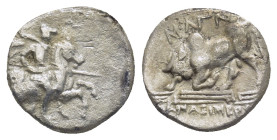 Ionia, Magnesia ad Maeandrum AR Hemidrachm. (12mm, 1.46 g) Circa 350-325 BC. Horseman with couched spear right / Bull butting left; maeander pattern a...