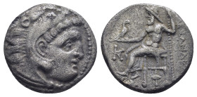 Kingdom of Macedon. Antigonos I Monophthalmos. Drachm. (16mm, 4.1 g) 310-301 BC. Kolophon. In the name and types of Alexander III.Anv.: Head of Herakl...