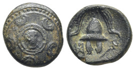 Kings of Macedon (temp. Philip III – Antigonos I Monophthalmos, ca 323-310 BC) AE Half Unit (14mm, 3.7 g) Uncertain mint in western Asia Minor Obv: Ma...