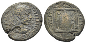 PAMPHYLIA, Perge. Elagabalus. AD 218-222. Æ (24mm, 7.6 g). Radiate, draped, and curiassed bust right; c/m: eagle standing facing, head left / Cult ido...