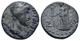 PAMPHYLIA.Side.Tiberius.(14-37).Ae. (18mm, 4.8 g)Obv : ΤΙΒΕΡΙΟΥ; laureate head of Tiberius, right. Rev: ΣΙ-ΔΗ (?); Athena standing, left, holding Nike...