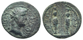 Pamphylia. Aspendos . Nero AD 54-68. Bronze Æ (19mm, 3.2 g) Obverse: ΝƐΡWΝ ΚΑΙϹΑΡ; radiate head of Nero, r. / Reverse: ΑϹΠƐΝ; cult statues of the Aphr...
