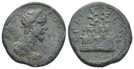 PISIDIA. Selge. Septimius Severus (AD 193-211). Æ (24mm, 10.3 g). Laureate, draped, and cuirassed bust of Septimius right / Podium, supporting two alt...