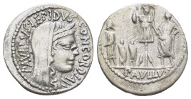 L Aemelius Lepidus Paulus - Denarius (19mm, 3.9 g) 62 BC. Rome mint. Obv: PAVLLVS LEPIDVS CONCORDIA legend around veiled and diademed head of Concordi...