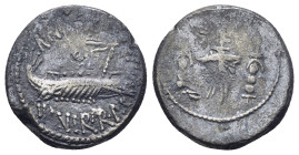 Marc Antony. Legionary Denarius, (18mm, 2.5 g) 32-31 B.C. Galley r. Rv. Aquila flanked by two standards.