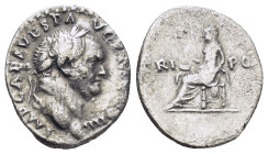 Vespasian AR Denarius. (18mm, 3.19 g) Rome, AD 72-73. IMP CAES VESP AVG P M COS III, laureate head right/ TRI POT, Vesta seated left holding simpulum.