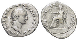 Vespasianus (69-79). AR Denarius (19mm, 3.1 g), Rome, 70. Obv. IMP CAESAR VESPASIANVS AVG, Laureate head to right. Rev. COS ITER TR POT, Pax seated le...
