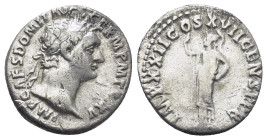 DOMITIAN (81-96). Denarius. (18mm, 2.95 g) Rome. Obv: IMP CAES DOMIT AVG GERM P M TR P XV. Laureate head right. Rev: IMP XXII COS XVII CENS P P P. Min...