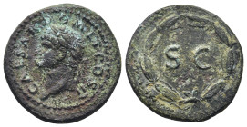 Domitian, as caesar (Vespasian, 69-79), As, Rome for Syria, AD 74; AE (23mm, 6.3 g); CAESAR DOMIT COS II, laureate head l., Rv. S C in laurel wreath.