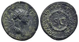 Trajan (98-117). AE Dupondius Rome, for use in Syria, AD 116. (3.5 Gr. 19mm.) Radiate and draped bust right. Rev. Legend around oak wreath, S·C within...