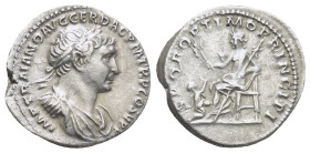 TRAJAN (98-117). Denarius. (18mm, 3.1 g) Rome. Obv: IMP TRAIANO AVG GER DAC P M TR P COS V P P. Laureate, draped and cuirassed bust right. Rev: S P Q ...