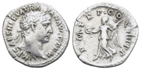 TRAJAN (98-117). Denarius. (19mm, 2.3 g) Rome. Obv: IMP CAES NERVA TRAIAN AVG GERM. Laureate head right. Rev: P M TR P COS IIII P P. Victory advancing...