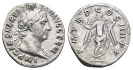 Trajan AR Denarius. (18mm, 3.2 g) Rome, AD 101-102. IMP CAES NERVA TRAIAN AVG GERM, laureate head right, slight drapery on far shoulder / P M TR P COS...