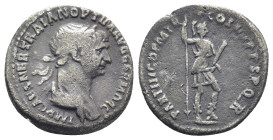 Trajan AR Denarius. (19mm, 2.8 g) Rome, AD 114-117. IMP CAES NER TRAIAN OPTIM AVG GERM DAC, laureate and draped bust right / PARTHICO P M TR P COS VI ...