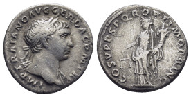 Trajan, 98 - 117 AD Silver Denarius, Rome Mint, (18mm, 3.1 g) Obverse: IMP CAES NERVA TRAIAN AVG GE DAC P P TR P, Laureate head of Trajan right. Rever...