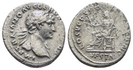 Trajan, 98-117. Denarius (Silver, 18mm, 3.1 g), Rome, 111. IMP TRAIANO AVG GER DAC P M TR P Laureate head of Trajan to right, with drapery on left sho...