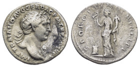 TRAJAN. 98-117 AD. AR Denarius (19mm, 3.4 g). Struck circa 104-107 AD. Laureate head right, slight drapery on far shoulder / Felicitas standing left, ...