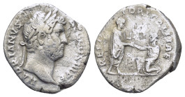 HADRIAN (117-138). Denarius. (18mm, 2.7 g) Rome. Obv: HADRIANVS AVG COS III P P. Laureate head right. Rev: RESTITVTORI GALLIAE. Hadrian standing right...