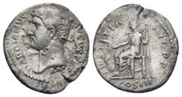 Hadrian AR Denarius. (18mm, 2.64 g) Rome, AD 125-128. HADRIANVS AVGVSTVS P P, laureate head right / IVSTITIA AVG, Justitia seated left, holding patera...