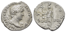 Hadrian AR Denarius. (18mm, 3.11 g) Rome, AD 125. IMP CAESAR TRAIAN-HADRIANVS AVG, laureate head right / P M TR P COS III, LIB-PVB across fields, Libe...