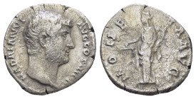 Hadrian. AD 117-138. AR Denarius (16mm, 3.0 g). Rome mint. Struck AD 136. Bare head right / MO NE T A AVG, Moneta standing left, holding scales and co...