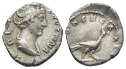DIVA FAUSTINA I (Died 140/1). Denarius. (17mm, 2.8 g) Rome. Obv: DIVA FAVSTINA. Draped bust right. Rev: CONSECRATIO. Peacock standing right, head left...
