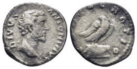 Divus Antoninus Pius. Died AD 161. AR Denarius (17mm, 2.9 g). Consecration issue. Rome mint. Struck under Marcus Aurelius and Lucius Verus, AD 161. Ba...